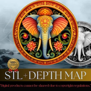 May include: A vibrant, circular design featuring a detailed elephant illustration with colorful accents of orange, blue, and gold. The design includes lotus flowers and ornate patterns. A second, grayscale elephant design is also visible. The text "STL + DEPTH MAP" is displayed.