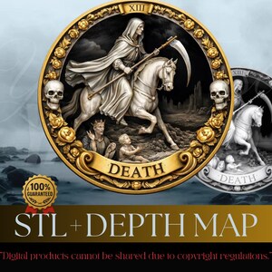May include: A gold-toned medallion featuring the Grim Reaper on horseback, holding a scythe, with the word "DEATH" below. The image includes skulls, floral accents, and the text "STL + DEPTH MAP". A smaller, grayscale version is also present.