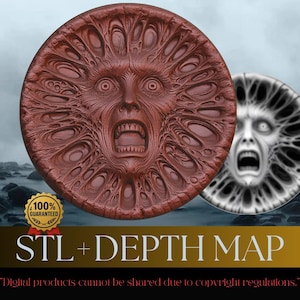 Pode incluir: Duas esculturas circulares em relevo de rostos gritando. Uma é marrom avermelhado, a outra em tons de cinza. O texto "STL + DEPTH MAP" está abaixo, com um selo dourado que diz "100% GARANTIDO". O texto inferior diz "Os produtos digitais não podem ser compartilhados devido às regulamentações de direitos autorais."
