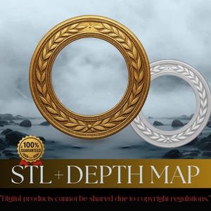 May include: Two circular frames, one gold and one silver, with laurel leaf detailing. The gold frame has a 3D appearance. The image includes the text "STL + DEPTH MAP" and a guarantee badge.