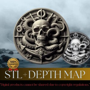 May include: Two detailed, circular relief sculptures featuring a skull, anchor, and octopus tentacles. The larger sculpture is in the foreground, with a smaller version in the background. The background is a seascape with a cloudy sky. The text "STL + DEPTH MAP" is visible.