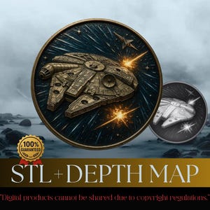 May include: A detailed, gold-toned illustration of the Millennium Falcon spaceship on a dark blue circular background with starburst effects. A smaller, grayscale image of the ship is to the right. The text "STL + DEPTH MAP" is displayed below the images.