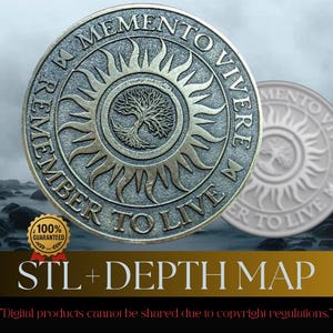 Djupkarta för Memento Vivere-mynt | STL- och PNG-filer (digital nedladdning)