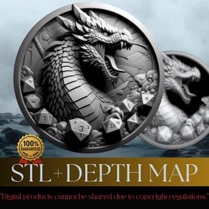 May include: A grayscale image featuring two circular medallions with dragon designs and dice. The medallions are set against a backdrop of a rocky landscape and cloudy sky. Text at the bottom reads "STL + DEPTH MAP".