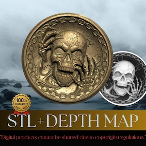 May include: A detailed, bronze-coloured coin featuring a skull with skeletal hands and an anchor design. A smaller, black and white coin with a skull is also visible. The text "STL + DEPTH MAP" is displayed below the coins, with a guarantee seal.