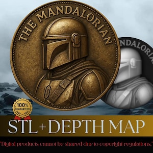 Coin Depth Map | Height Map | 3D Laser Engrave | Xtool | STL & PNG Files | Grayscale | CNC Coin | The Mandalorian I Coin I Depth Map