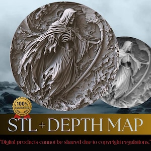 May include: Two circular, detailed relief sculptures of the Grim Reaper with a scythe. The figures are in a light grey colour, set against a dark, textured background. The image includes the text "STL + DEPTH MAP".