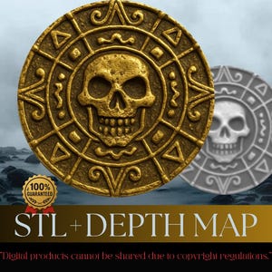 May include: Two circular medallions with skull designs. One is gold, the other silver. The gold medallion has a textured surface and a skull in the centre. The text "STL + DEPTH MAP" is displayed below the medallions.