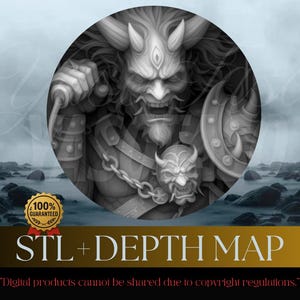 May include: A grayscale illustration of a horned demon warrior with a shield and a smaller demon mask. The image is set within a circular frame, with the text "STL + DEPTH MAP" and a guarantee seal at the bottom. The text "Digital products cannot be shared due to copyright regulations." is also present.