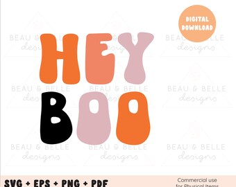 Hey Boo Retro Halloween SVG cut file, Fall SVG, Pumpkin patch, teacher, trendy fall svg design, digital file, commercial use
