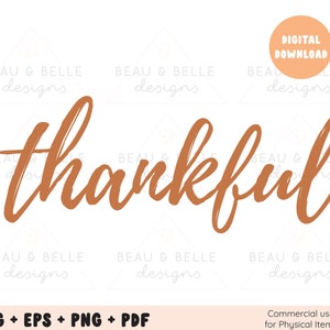 Puede incluir: Un gráfico de descarga digital con la palabra "thankful" en una escritura de pincel marrón cálido. El diseño incluye el texto "DIGITAL DOWNLOAD" en un círculo melocotón y opciones de tipo de archivo: SVG, EPS, PNG y PDF. La esquina inferior derecha dice "Commercial use for Physical Items."