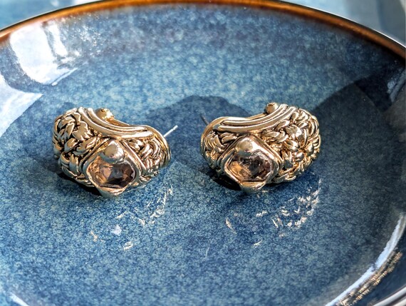 Ornate Textured C Hoops with Smoky Champagne Stone Earrings