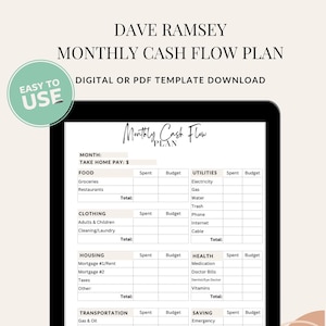 May include: A printable monthly cash flow plan template designed by Dave Ramsey. The template includes categories for take home pay, food, utilities, clothing, housing, health, transportation, and savings. The template has a black background with white text and a green "Easy to Use" label in the top left corner.