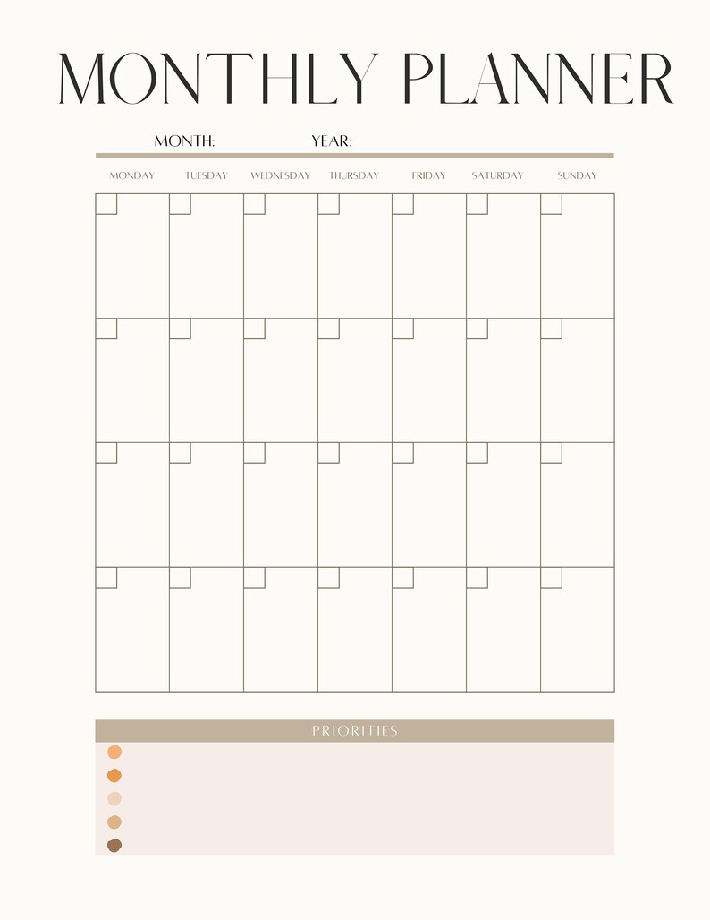 Monthly Calendar Printable Minimalist Monthly Planner Etsy
