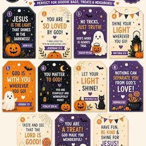 May include: A set of 11 printable Christian Halloween trick-or-treat tags featuring colorful illustrations of pumpkins, ghosts, lanterns, and candy. Each tag includes inspirational text and Bible verses in a variety of orange, purple, and black designs.