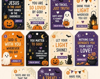 Może przedstawiać: Zestaw 11 drukowanych zawieszek na Halloween o tematyce chrześcijańskiej, z ilustracjami dyń, duchów, latarni i słodyczy. Każda zawieszka zawiera inspirujące teksty i wersety biblijne w różnych wzorach w kolorach pomarańczowym, fioletowym i czarnym.