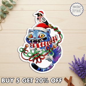 May include: A blue cat sticker with a red and white striped scarf and a Santa hat. A black bird with a Santa hat sits on the cat's head. The sticker has a watercolor effect and the text "water proof". The text "BUY 5 GET 20% OFF" is at the bottom.