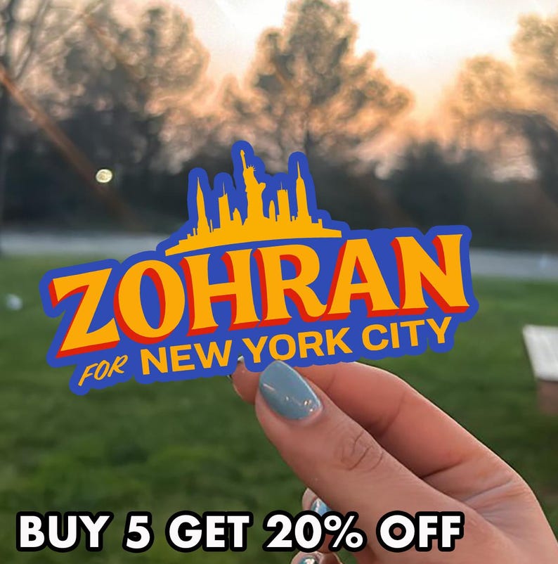 Zohran Mamdani Sticker featuring the name "ZOHRAN" in large orange and red letters, with a yellow silhouette of the New York City skyline above it and the text "FOR NEW YORK CITY" below. This bold, blue-bordered design serves as a compelling 2025 Campaign Decal. Ideal as a Progressive Bumper Sticker or a mock Zohran Car Magnet. A perfect NYC Election Gift or accessory for supporters who want to Vote Zohran. High-quality, durable vinyl sticker for laptops and water bottles.
