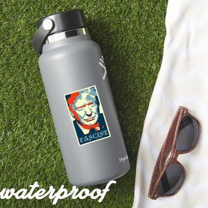 May include: A gray Hydro Flask water bottle with a sticker featuring a portrait with the word "Fascist". The image also includes a pair of wooden-framed sunglasses and the word "waterproof". The items are on a green grassy surface.