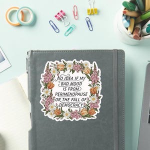 May include: A sticker with the text "No idea if my bad mood is from perimenopause or the fall of democracy" surrounded by a floral wreath. The sticker is on a gray notebook, with office supplies in the background.