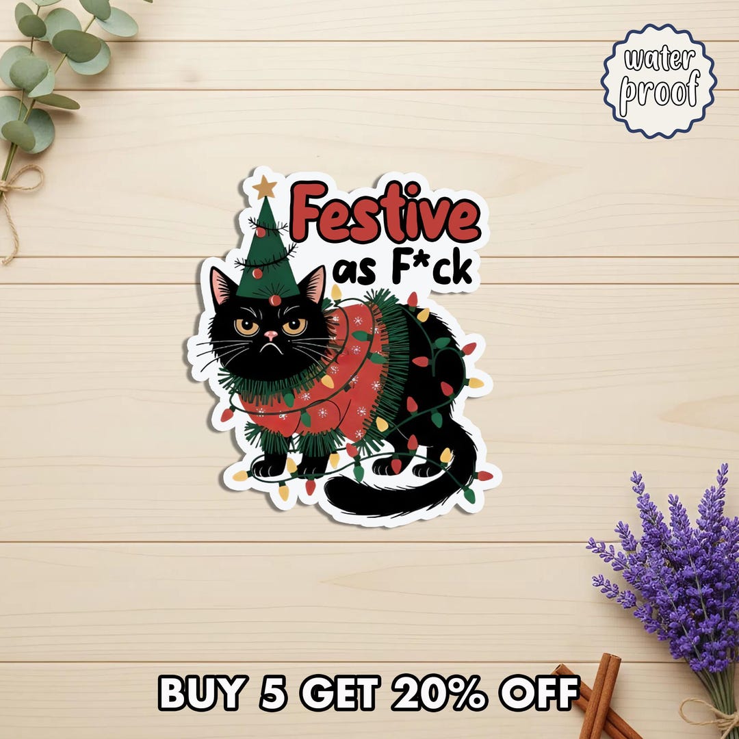 Funny Christmas Cat Vinyl Sticker, Grumpy Festive Cat Holiday Decal ...