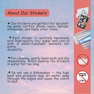 May include: A promotional image for stickers, featuring text that reads "About Our Stickers." The text describes the stickers' uses, materials, and care instructions. The image also includes examples of stickers and a roll of holographic vinyl.