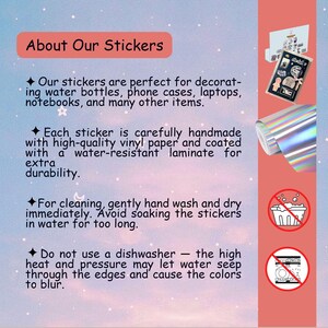 May include: A promotional image with text that reads "About Our Stickers." The image includes a sample sticker sheet, a roll of holographic vinyl, and icons. The text describes the stickers' features and care instructions.