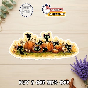 May include: A die-cut sticker featuring a group of black cats with large green eyes sitting among orange pumpkins and autumn foliage. The illustration includes several pumpkins of varying sizes and small mushrooms set against a light yellow background.