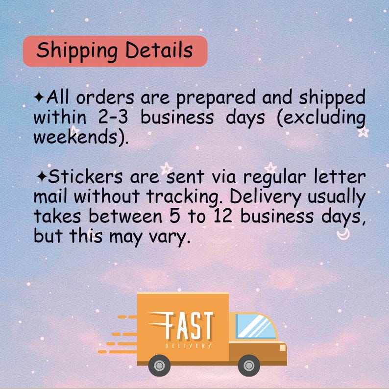 May include: An illustration of a delivery truck with the text "FAST DELIVERY". The image also includes the text "Shipping Details" and information about order preparation and shipping times.