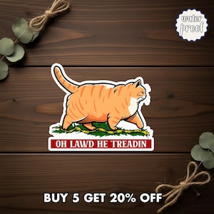 May include: A waterproof sticker featuring a cartoon orange tabby cat walking on grass. The text "OH LAWD HE TREADIN" is below the cat. The sticker is on a wooden surface.