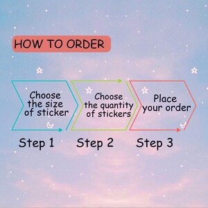 May include: An illustrated guide on a pastel background with stars and crescent moons. The text reads "HOW TO ORDER" above three steps: "Choose the size of sticker," "Choose the quantity of stickers," and "Place your order."