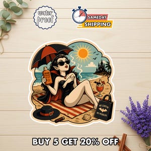 May include: A sticker featuring a vampire character in a black swimsuit and cape lounging on a beach towel under a red and black umbrella. The character holds a bottle labeled Blood Sunscreen SPF 500 and sits near a tote bag labeled No Coffin No Problem.