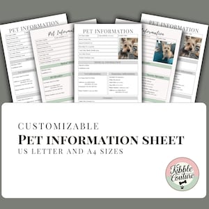 May include: A stack of customizable pet information sheets in US Letter and A4 sizes. The sheets have sections for pet details, medical information, and vet information. The image includes a logo that says "Kibble Couture".
