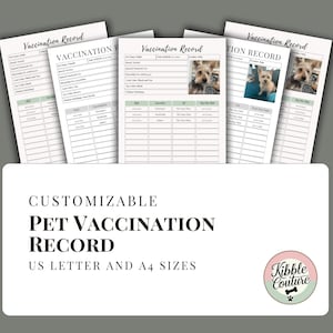 May include: A stack of pet vaccination record sheets with a dog's photo. The documents are labeled "Vaccination Record" and include sections for pet information and vaccination details. The image also features the text "CUSTOMIZABLE PET VACCINATION RECORD US LETTER AND A4 SIZES".