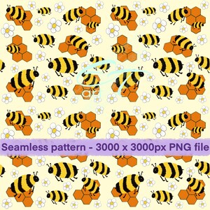 Buzzing Bee, honeycomb and flowers Pattern – Seamless Digital Download | Hand-Drawn Bumblebee Illustration | Seamless Bee pattern | Repeat p