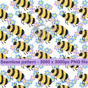 Bumble bee and flowers Pattern – Seamless Digital Download | Hand-Drawn Bumblebee Illustration | Seamless Bee pattern | Repeat pattern