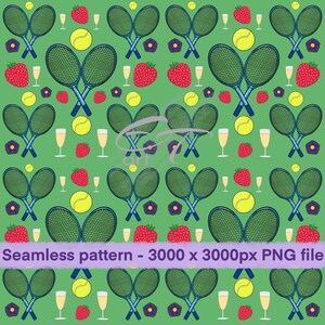May include: Seamless pattern on a green background featuring tennis rackets, tennis balls, strawberries, champagne flutes, and purple flowers. The text "Seamless pattern - 3000 x 3000px PNG file" is at the bottom.