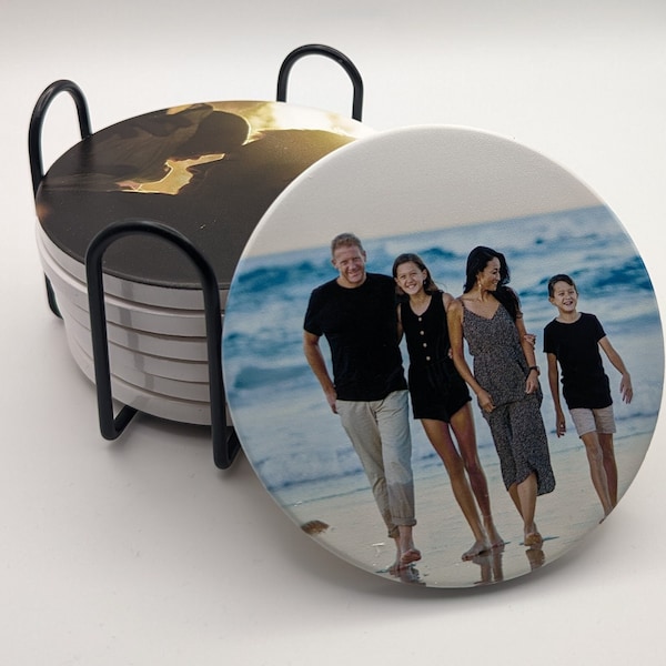 Custom UV Printed Photo Coasters - Set of 6 With Holder.