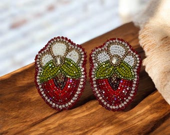 Beaded Strawberry Earrings: Czech Seed Beads, 24k Gold Accents, Native Style