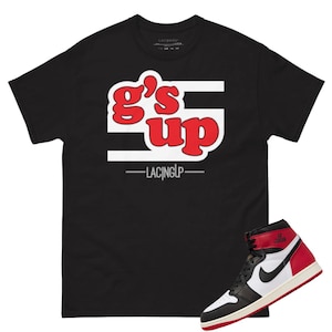 Jordan 1 Black toe Gs up black t-shirt