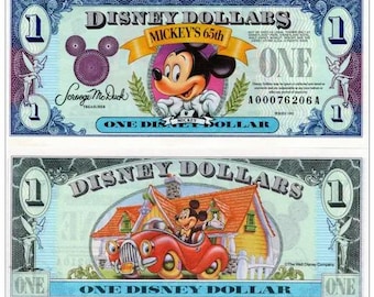 Mickeys 65th Birthday Anniversary Disney dollar bill from 1993