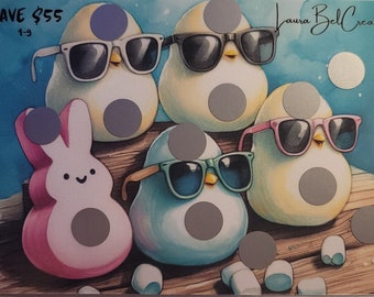 May include: A colourful illustration of five cartoon chicks wearing sunglasses. The chicks are sitting on a wooden surface with marshmallows in front of them. The text "SAVE £55" is at the top of the image.