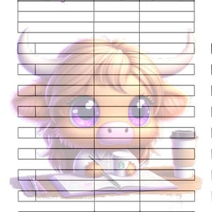 May include: A printable savings tracker with a cartoon highland cow illustration. The tracker has columns for "Challenge", "Total", and "Allocated".