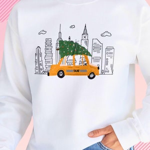 New York Christmas Sweatshirt, Christmas Gifts for Women, Secret Santa, Taxi Cab, Christmas Tree Sweater, Stocking Stuffer Ideas, Mom Gifts