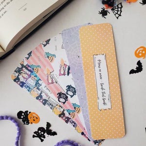 Customizable Holographic Kawaii Spooky Halloween Cat Bookmarks, Cute Cat Halloween Bookmarks, Bookmark Set, Halloween Book Accessory