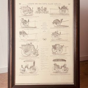 A HUGE vintage solid wood framed and glassed poster depicting vintage kinds of vehicles.
