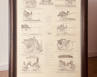 Une ÉNORME affiche vintage encadrée et vitrée en bois massif représentant des types de véhicules vintage.