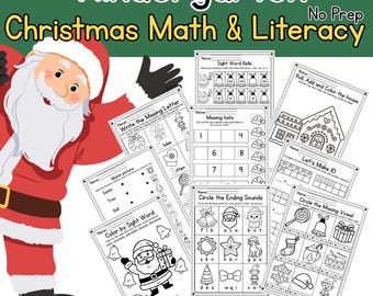 May include: A collection of Christmas-themed kindergarten worksheets for math and literacy. The worksheets include activities like matching pictures, writing missing letters, and coloring by sight words. A Santa Claus illustration is in the corner.