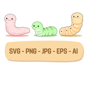 May include: Three cartoon caterpillars in pink, green, and tan with smiling faces. The text "SVG - PNG - JPG - EPS - AI" is displayed on a light brown banner below the caterpillars.