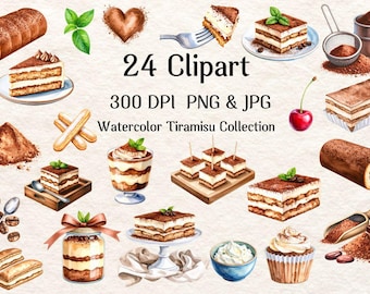 Conjunto de imágenes prediseñadas de tiramisú en acuarela: postre PNG, JPG (descarga digital)